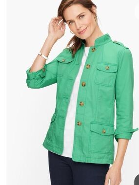 Talbots Green Utility Jacket Medium Petite Button Front Lightweight